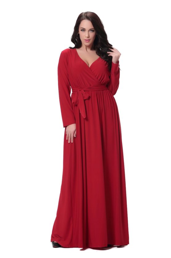 Women's Autumn New Large Size Women's V-neck Long-sleeved Christmas Red Temperament Dress