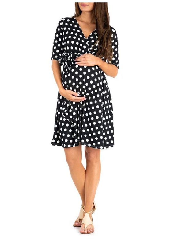 2019 Women's Summer Fashion New Dot Print V-neck Maternity Belt Dress Size S-XL Multi-color Optional