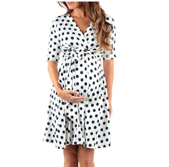 2019 Women's Summer Fashion New Dot Print V-neck Maternity Belt Dress Size S-XL Multi-color Optional