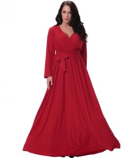 Women's Autumn New Large Size Women's V-neck Long-sleeved Christmas Red Temperament Dress