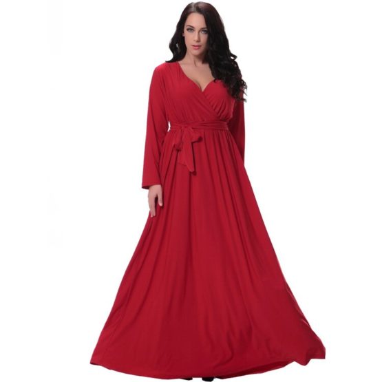 Women's Autumn New Large Size Women's V-neck Long-sleeved Christmas Red Temperament Dress