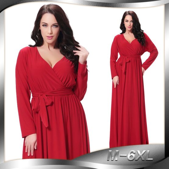 Women's Autumn New Large Size Women's V-neck Long-sleeved Christmas Red Temperament Dress