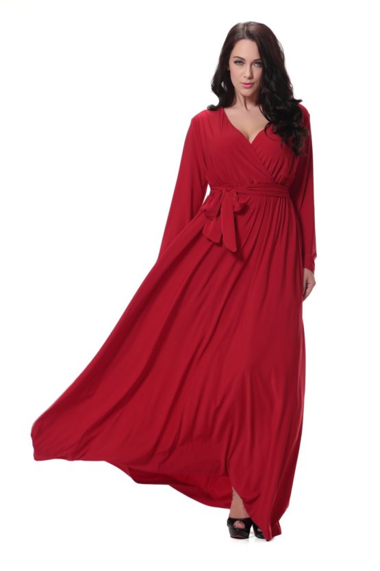 Women's Autumn New Large Size Women's V-neck Long-sleeved Christmas Red Temperament Dress